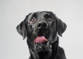 Fototapeta premium Black Labrador dog licking its nose, isolated on white background with copy space. Close up portrait of cute pet in a studio shot. The dog is looking at the camera and eating ice cream from its tongue