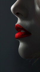Dramatic close-up of glossy red lips, showcasing texture and shine, set against a dark and mysterious background for a striking effect.
