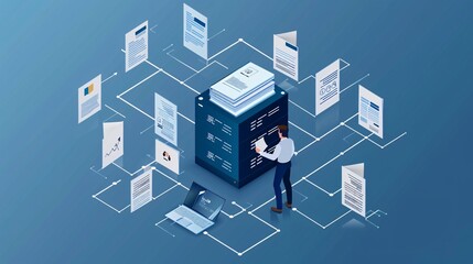 An isometric concept of a digital database is portrayed with a businessman managing documents