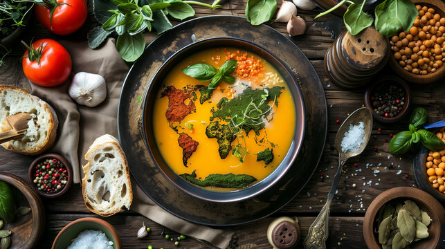 A bowl of soup artistically designed with a world map, surrounded by fresh ingredients like tomatoes, garlic, and herbs on a rustic table.
