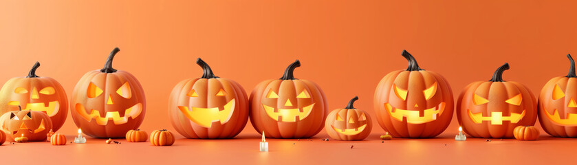 A row of carved Halloween pumpkins with glowing faces and candles inside, set against an orange background, creating a festive atmosphere.