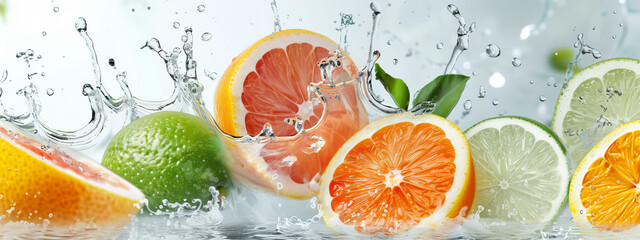Fresh citrus fruits - grapefruit, lemon, lime, and orange slices splashing in water with droplets. Vibrant, refreshing, and healthy.