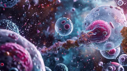 A fantastical close-up of a single cell, where organelles resemble planets and biomolecules float like spaceships