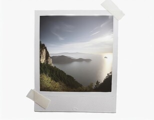 Fototapeta premium Instant photo frame with sea and mountains on a white background. Isolated
