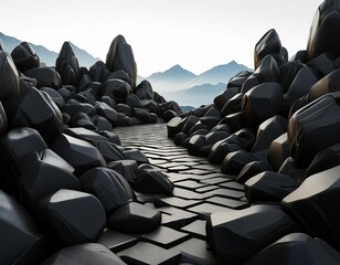 Fototapeta premium Black stone path and mountains in the background, 3d render illustration