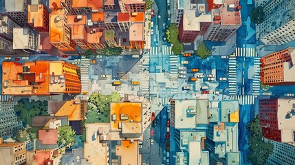 Fototapeta premium Aerial view of urban cityscape with colorful buildings and streets intersecting, showcasing the dynamic architecture and bustling city life.