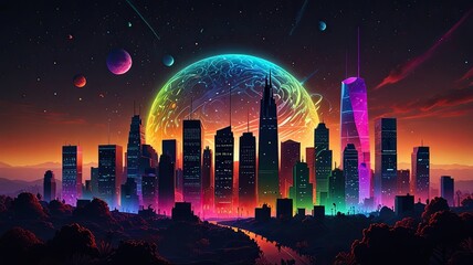 Dark cityscape illustration with illuminated buildings reaching towards a starry night sky