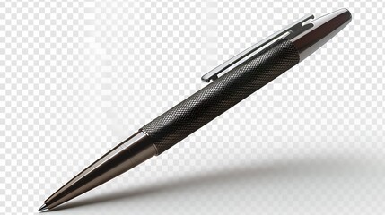 Sleek ballpoint pen with a metallic finish and smooth writing tip, isolated on a transparent background