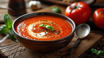 Soothing bowl of creamy tomato soup with a sprinkle of herbs
