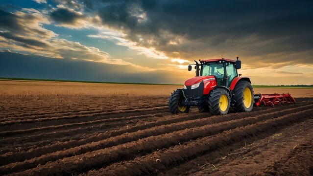 Landscape photograph featuring a red tractor with yellow wheels plowing a vast, freshly tilled field under a sky with sunset.