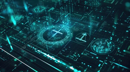 Fototapeta premium Futuristic digital justice interface with glowing icons and holographic elements, representing technological advancements in legal systems.