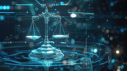 Futuristic digital representation of justice scale in glowing blue, symbolizing legal technology and fairness in the modern era.
