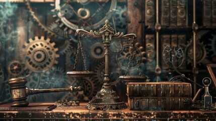 Fototapeta premium Vintage law office with scales of justice, gavel, and antique books surrounded by gears, representing law and industry.