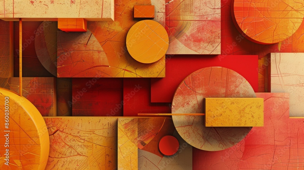 Poster an abstract composition of geometric shapes, featuring 3d blocks and circles intersecting with squar