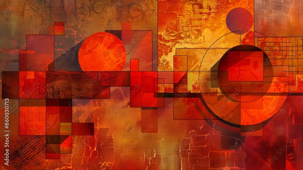 Wall mural an abstract composition of geometric shapes, featuring 3d blocks and circles intersecting with squar