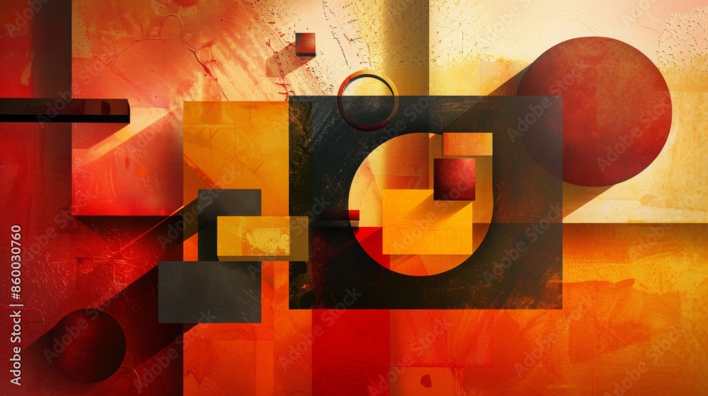Poster an abstract composition of geometric shapes, featuring 3d blocks and circles intersecting with squar