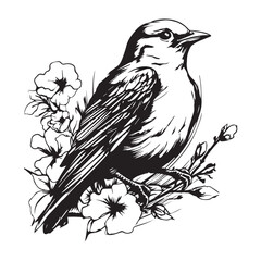 bird on a branch with flowers illustration line art for coloring prints high quality