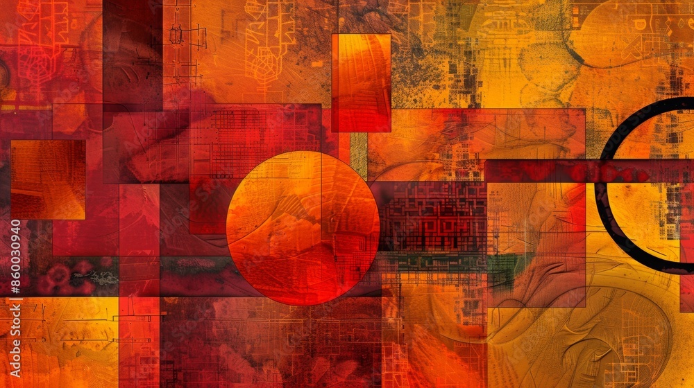 Wall mural an abstract composition of geometric shapes, featuring 3d blocks and circles intersecting with squar