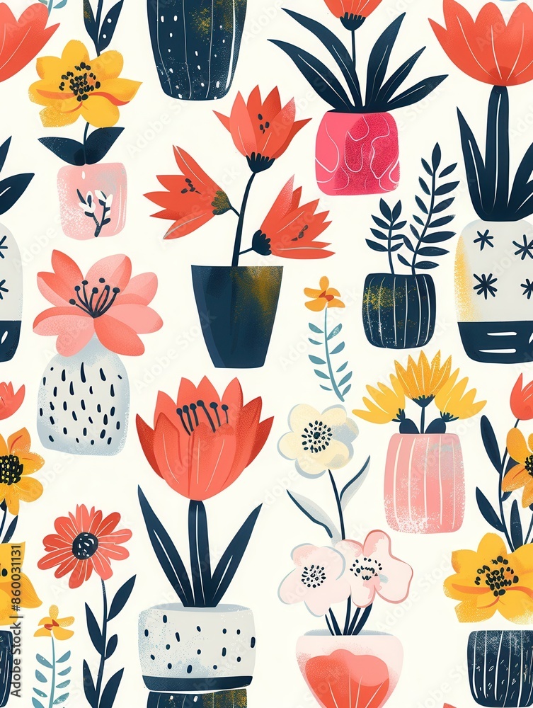 Poster a whimsical illustration showcasing a variety of flowers in decorative pots, perfect for adding a to