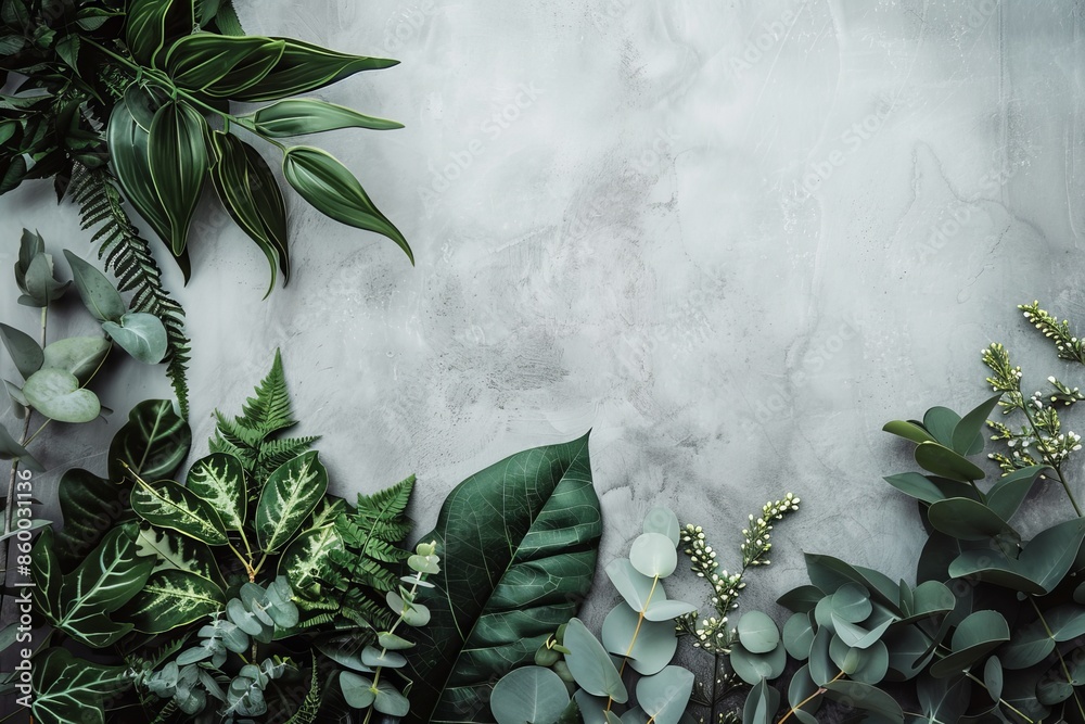 Canvas Prints A fresh wallpaper design with green leaves and plants against a textured grey concrete background for compelling contrast