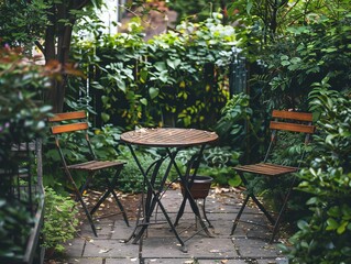 Empty cafe space with wooden chairs and table among lush plants, ideal for wallpaper or background