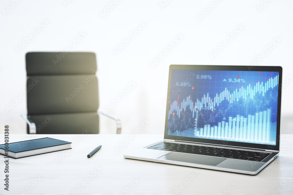 Poster Modern computer monitor with abstract creative financial chart, research and strategy concept. 3D Rendering