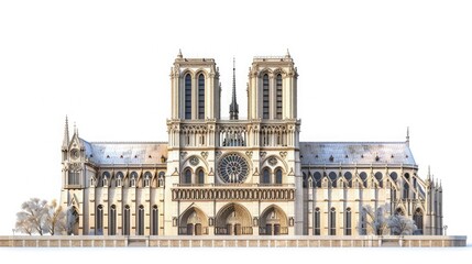 Naklejka premium A stunning front view of Notre-Dame Cathedral, showcasing its intricate Gothic architecture and historic grandeur on a clean white background.