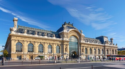 A stunning view of a historic French building with intricate architecture and a clear blue sky above. Perfect for travel and architecture enthusiasts.