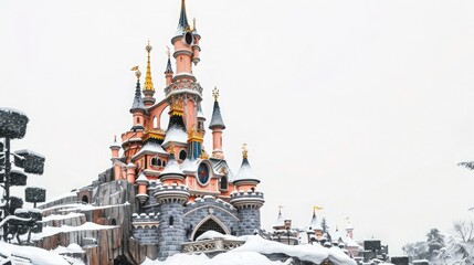 Obraz premium Magical fairytale castle covered in snow, a winter wonderland scene perfect for holiday magic and festive spirit.