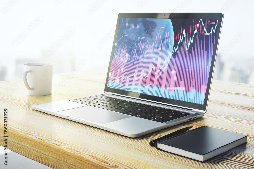 Poster abstract creative financial graph with world map on modern laptop screen, forex and investment conce