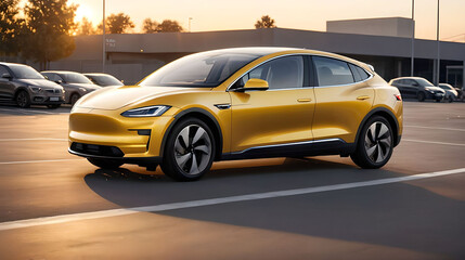 Yellow electric car in the parking lot