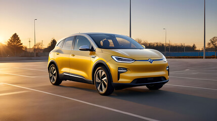 Yellow electric car in the parking lot