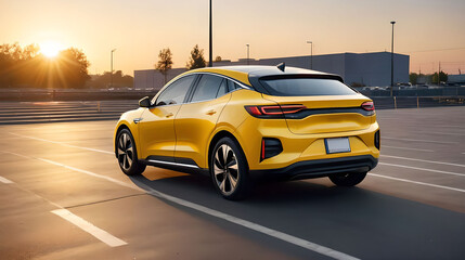 Obraz premium Yellow electric car in the parking lot