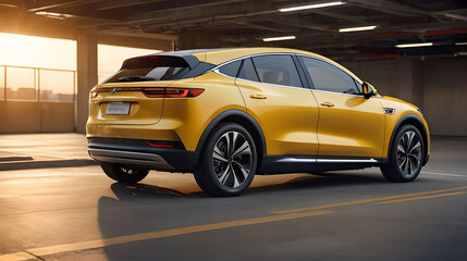 Yellow electric car in the parking lot