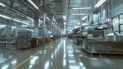 Obraz premium Industrial Kitchen Interior Perspective - Stainless Steel Equipment and Bright Lighting
