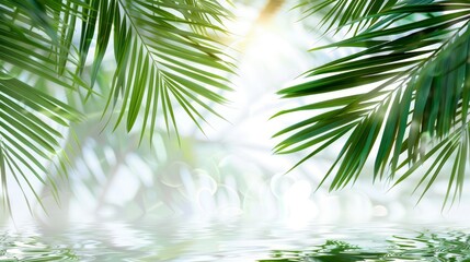 Fototapeta premium Palm Leaves Reflection in Water - Bokeh, Nature, Tropical, Green, Background