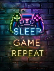 Neon sign features Gamer game controller, with text eat sleep game repeat , pastel  neon color theme, background, wallpaper, wall art, photo, poster