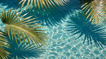 Palm leaves on the background of the pool, top view