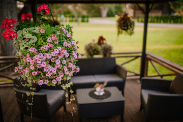 Blome, Latvia - September 11, 2023 - Hanging pink and red flowers in a gazebo with wicker furniture, set against a lush green lawn, creating a serene and inviting outdoor space. Copy space...