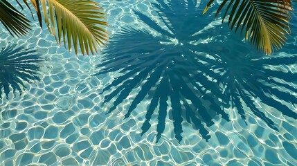 Fototapeta premium Palm leaves on the background of the pool, top view