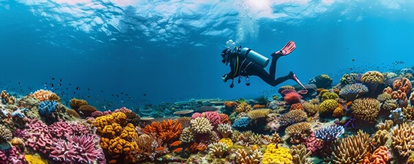 A diver exploring the vibrant coral reefs and marine life of the Coral Triangle in the Pacific Ocean