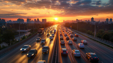 Dense traffic on a busy highway during sunset, with a city skyline in the background, capturing urban life and congestion.