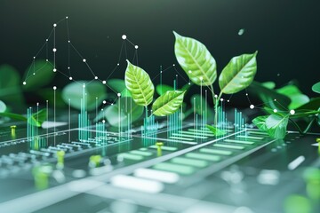 Digital growth concept with green leaves and data graphs symbolizing eco-friendly technology and sustainable development.