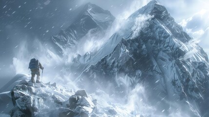 A mountaineer ascending the rocky, windswept face of K2, with snow swirling around in the high altitude