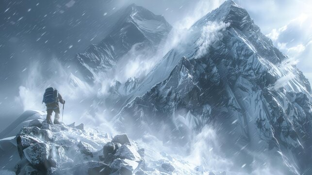 A mountaineer ascending the rocky, windswept face of K2, with snow swirling around in the high altitude