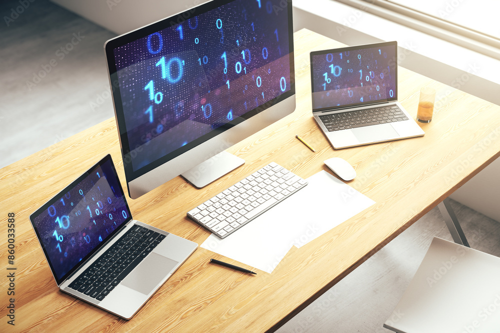 Aufkleber Creative abstract binary code sketch on modern laptop monitor, hacking and matrix concept. 3D Rendering