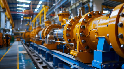 Fototapeta premium Close-up of large industrial pipeline machinery in a factory setting, showcasing heavy equipment and industrial technology.