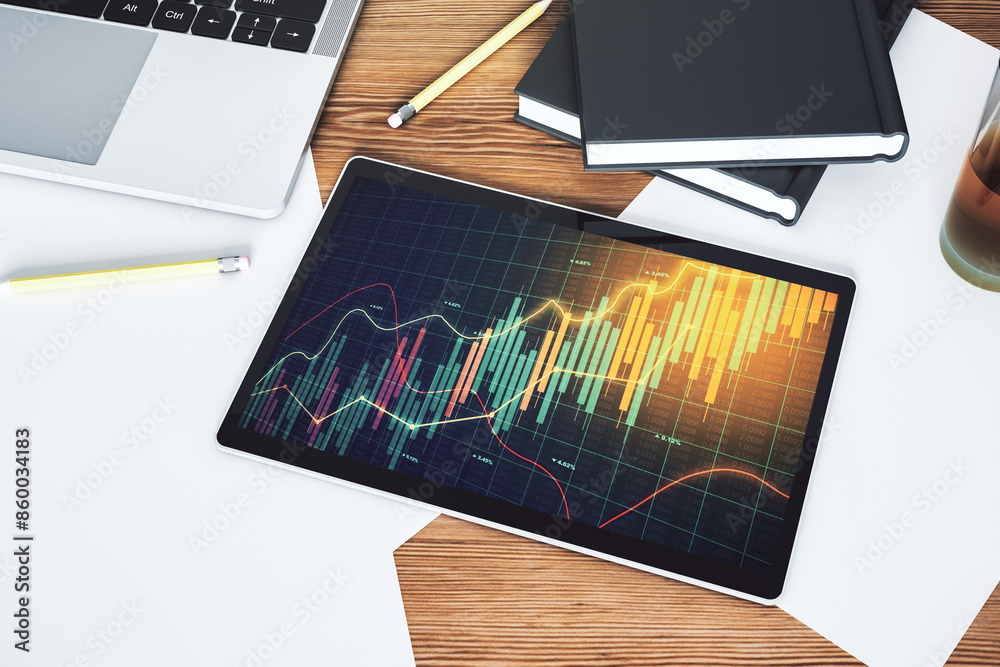 Aufkleber top view of abstract creative financial graph on modern digital tablet screen, forex and investment 