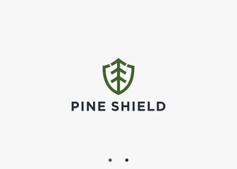 pine with shield logo design vector silhouette illustration