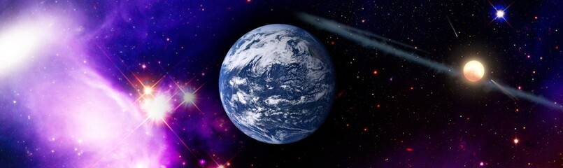 Earth from space. Earth globe with stars and nebula background. Earth, Galaxy and Sun from space. Blue Sunrise.Elements of this image furnished by NASA.